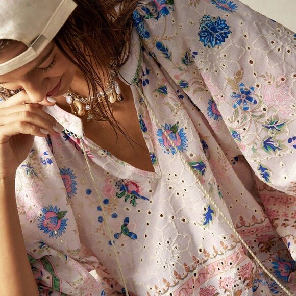 Boho Women's Plus Size Floral Print Hollow Out Embroidered Lantern Sleeve top - Picture 3 of 7